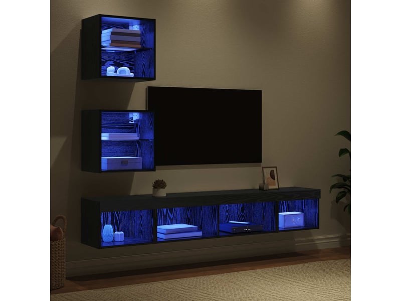  Unités murales tv avec led 5 pcs chêne noir bois d'ingénierie shl32014  - Conforama E