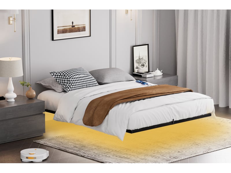  Lit double rembourré 160x200 cm avec éclairage led, cadre de lit adulte avec structure suspendue, noir, lit 2 personnes  - Conforama W