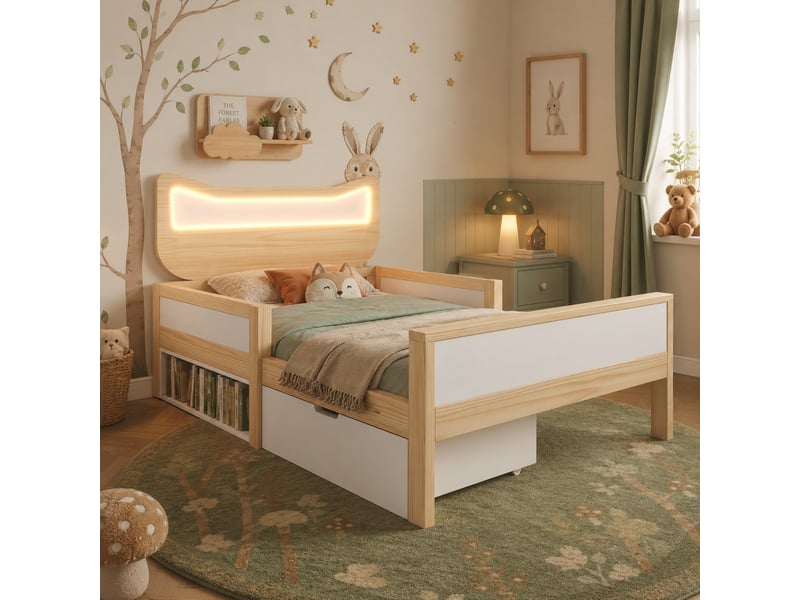  Lit enfant 90 × 190 cm, blanc et décor chêne, blanc et chêne, tête de chat et led IKSETERA TRADING LTD - Conforama E