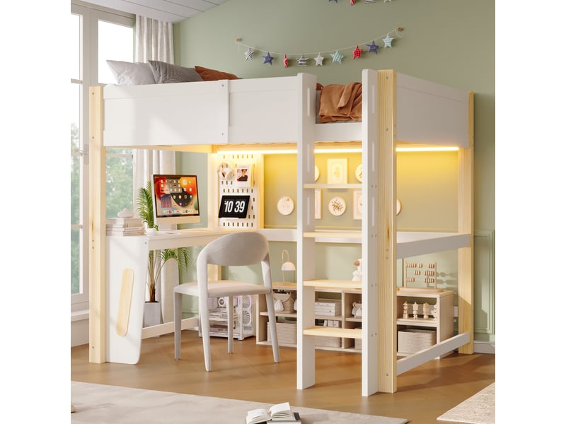  Lit mezzanine enfant 140x200 cm, bureau, panneau perforé, led multicolore, pin et mdf, naturel + blanc Radiant Stride - Conforama B