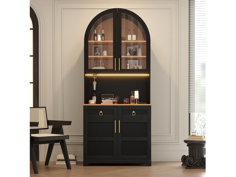  Buffet 80x40x180 cm avec vitrine en verre cintrée, éclairage led, prise intégrée et usb, 2 tiroirs, mdf, coloris noir  - Conforama B