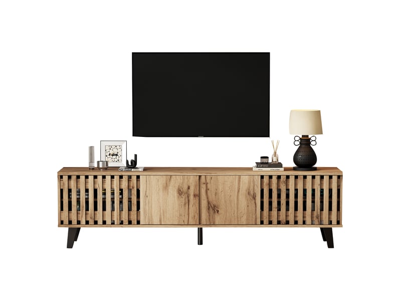  Meuble tv 180 x 40 x 55 cm, panneaux de particules bois et noir, 4 portes, écran jusqu'à 70 pouces  - Conforama A