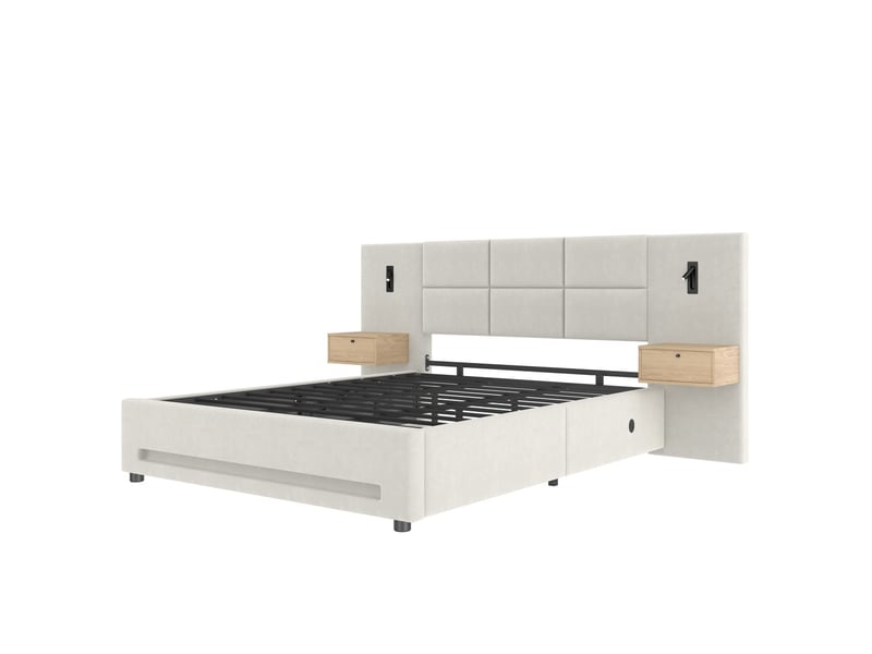 Lit rembourré européen 160x200 cm avec tête de lit en velours, tiroirs de rangement, veilleuse led, ports usb-c, coffre hydraulique et structure en métal robust