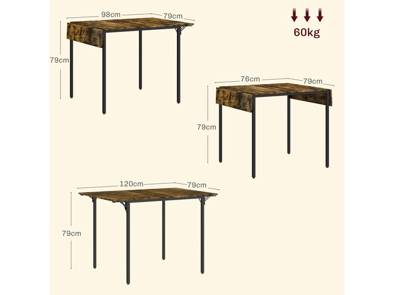  Table de salle à manger avec 2 rabats style industriel, extensible, table à abattant pour 2-4 personnes  - Conforama E