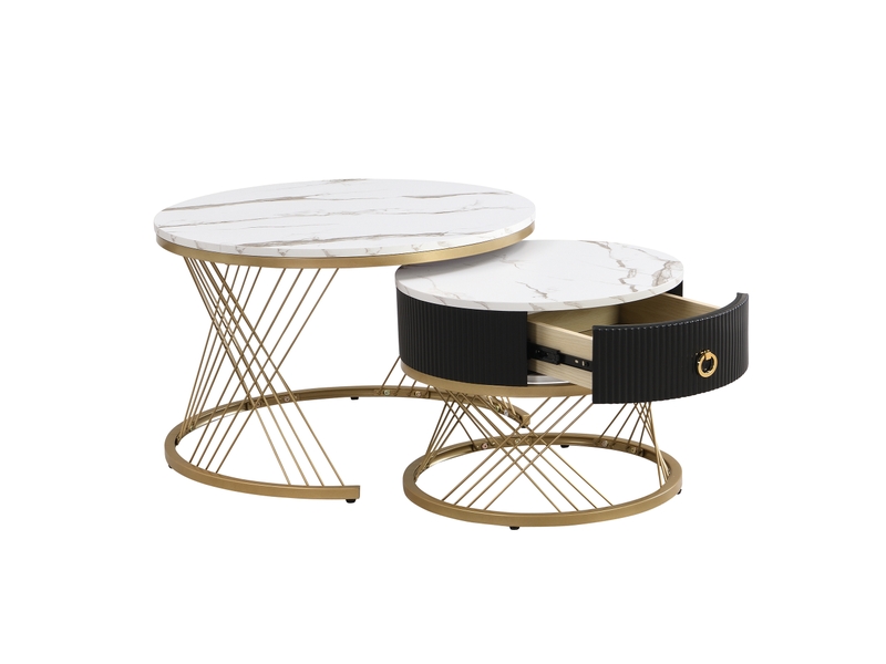  Lot de 2 tables basses rondes 70x70x45 cm + 50x50x40 cm motif marbre, blanc et doré  - Conforama A