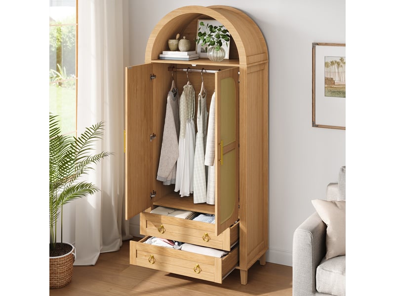  Armoire cintrée led pilotée par appli, porte rotin, penderie, 2 tiroirs, pb – 76×50×184 cm, naturel  - Conforama D