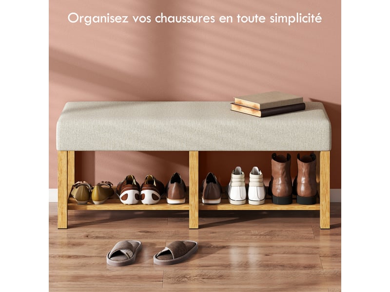  Banc à chaussures, banc de rangement avec siège rembourré, étagère ouverte, bois d'hévéa, bois naturel, 120x44x48cm  - Conforama E