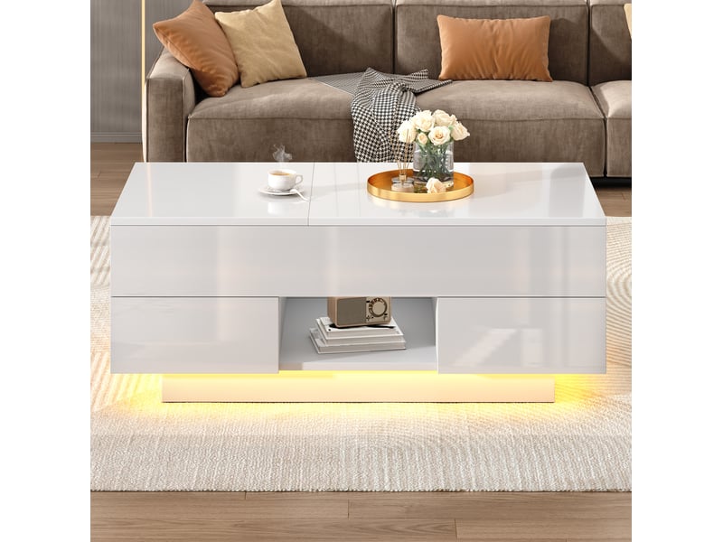  Table basse 100x45x43 cm relevable avec led panneau de particules blanc  - Conforama C
