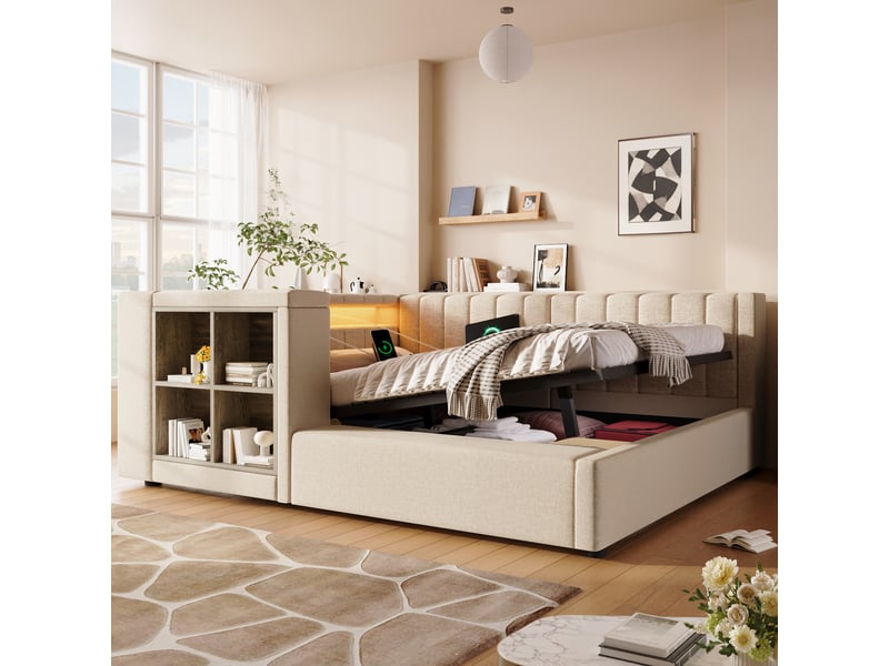  Lit banquette coffre 140x200 cm, banquette-lit, ouverture hydraulique, éclairage led, ports usb et type-c, sommier à lattes, lin beige CozyNest - Conforama D