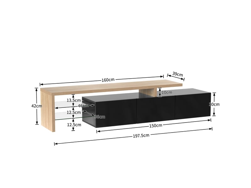  Meuble tv modenvie moderne 197,5 x 39 x 42 cm led 7 couleurs mdf et verre noir brillant bois naturel  - Conforama C