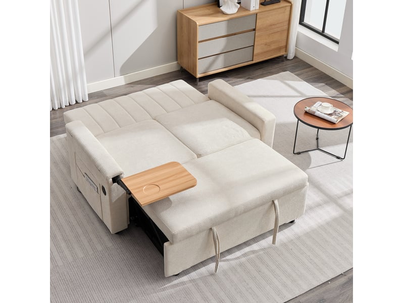  Canapé convertible 2 places 3-en-1 en chenille beige avec usb et type-c, 140x84,5x84 cm  - Conforama W