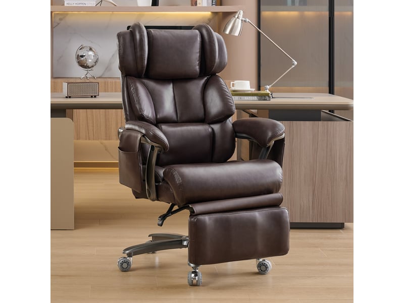  Chaise de bureau massante inclinable avec chauffage et repose-pieds - pivotante 360°, cuir pu marron  - Conforama B