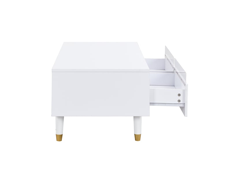  Table basse avec 2 tiroirs led pour salon, pieds en bois massif 110×50×40 cm en mdf blanc  - Conforama D
