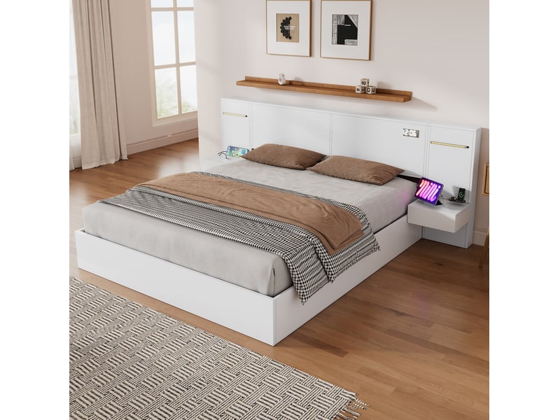  Modenvie lit double 180x200 cm - ports usb-a et usb-c, haut-parleurs bluetooth, sans matelas - blanc  - Conforama E