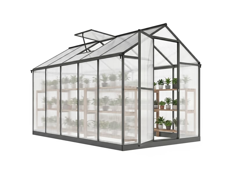  Serre de jardin en aluminium polycarbonate, serre avec fenêtres supérieures réglables 303x183x195cm transparent  - Conforama A