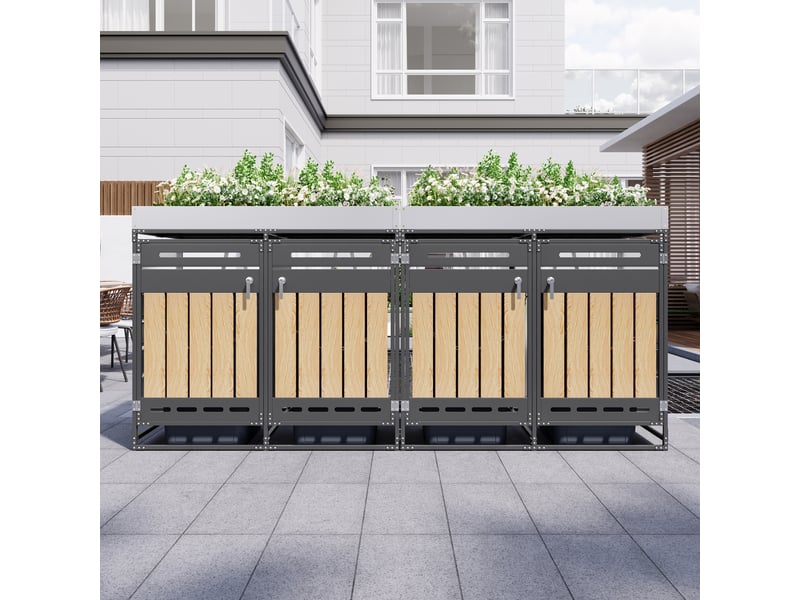 Cache-poubelles 4 compartiments avec bac à plantes, panneaux bois vertical, métal noir - Conforama B
