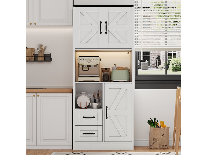  Armoire haute de cuisine 72x40x173 cm avec led rgb, 2 prises, 2 usb, 3 portes style grange, 2 tiroirs, étagères réglables, mdf blanc  - Conforama C