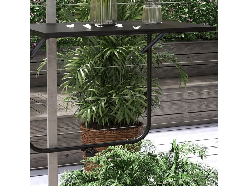 Table de balcon suspendue pliante 62x60 cm – noire – 3 hauteurs, fixation réglable de 6 à 15 cm sur rambarde - Conforama D
