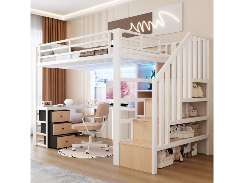  Lit mezzanine fer 90x200 cm blanc étagère 4 tiroirs grille suspendre led bureau escalier rangement sans matelas  - Conforama D