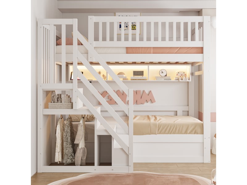  Lit superposé 90x200 cm en bois massif, escalier avec rangements, coffre hydraulique, led, prises européennes, étagère et hauts garde-corps, blanc  - Conforama C