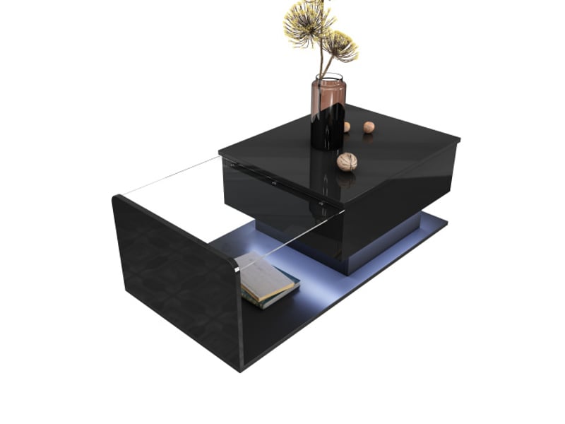  Table basse noire laquée, table d'appoint, table basse avec plateau en verre et éclairage led  - Conforama E