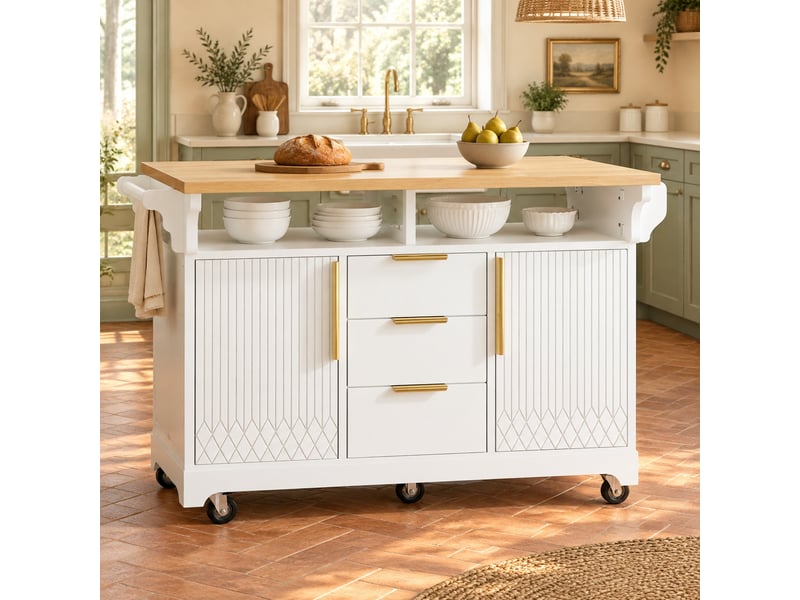 Desserte de cuisine avec 3 tiroirs, étagères réglables, plateaux rabattables et roulettes, en mdf, 120×40×95 cm, blanc - Conforama B