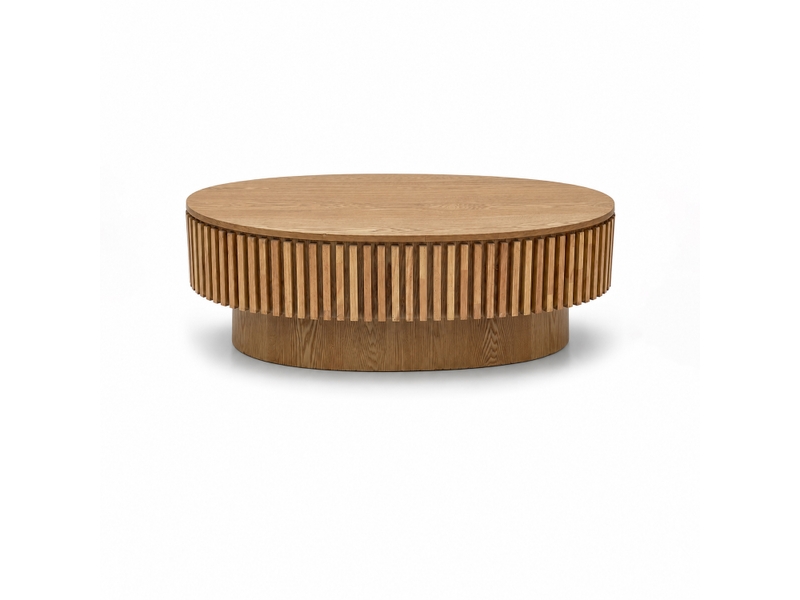 Table basse ovale cannelée bois naturel 98 cm, placage bois massif, rangement caché - Conforama A