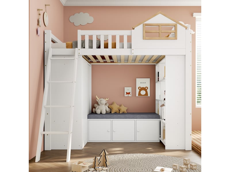  Lit mezzanine enfant 90×200 cm avec maison et échelle - okmyhome- armoire, étagères et banc, sans matelas  - Conforama C