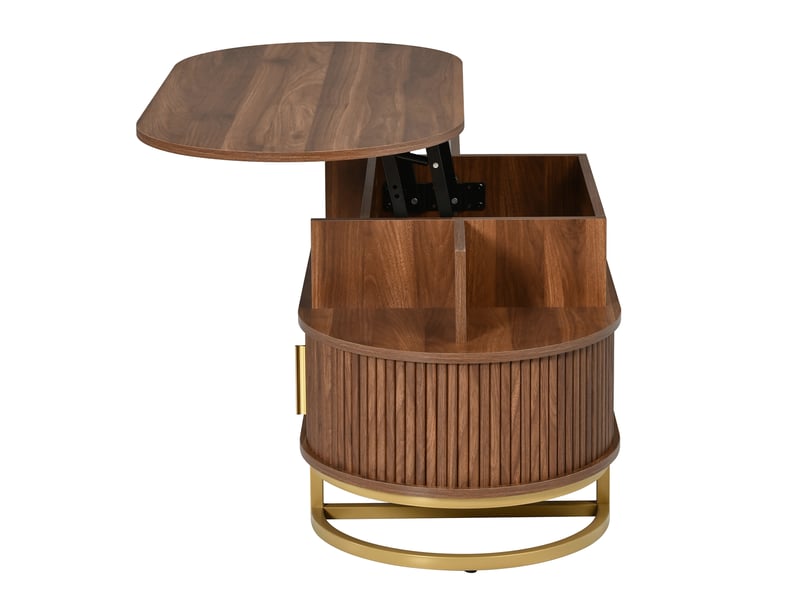 Table basse ovale relevable en mdf avec rangement, porte coulissante et structure acier - Conforama D