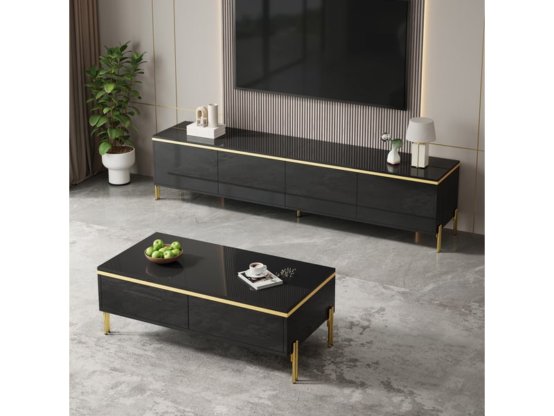  Ensemble meuble tv et table basse noir brillant 170cm avec détails dorés  - Conforama C