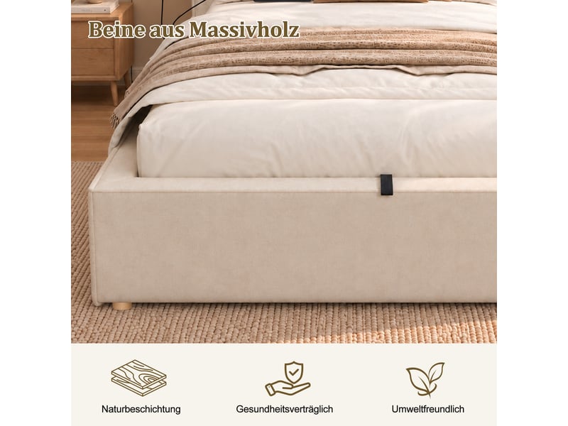 Lit enfant beige 90x200 cm en chenille, sommier à lattes, coffre à levage hydraulique et tête épaisse rembourrée - Conforama E