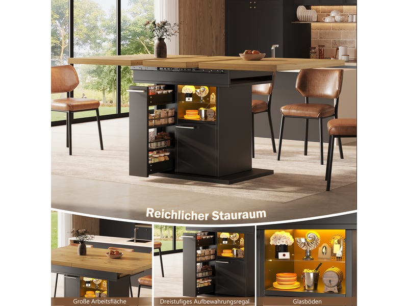 Table à manger extensible avec rangement et éclairage led - lpospi - étagères en verre mdf noir 110 × 80 × 77,2 cm - Conforama E