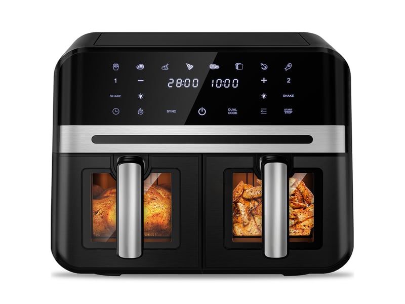  Friteuse à air chaud à 2 compartiments, 2 tiroirs, airfryer 11l avec fenêtre de visualisation, écran tactile, 8 programmes préréglés, réglage de température indépendant, paniers métalliques antiadhésifs, 5.5l+5.5l, cuisson saine…  - Conforama A