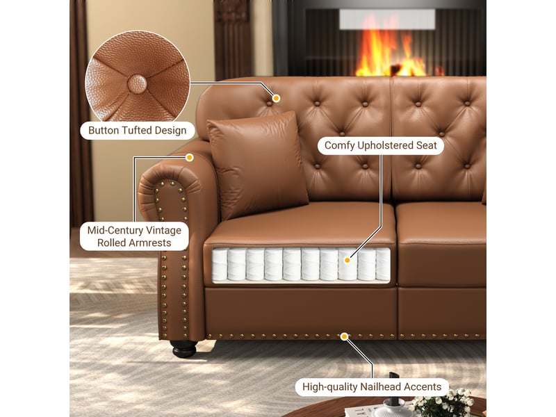  Canapé chesterfield 2 places + 2 poufs en simili cuir marron, 160 cm Fay Lum - Conforama D