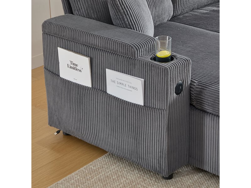  Canapé convertible 4 places en velours côtelé gris carbone avec coffre intégré et méridiennes  - Conforama R