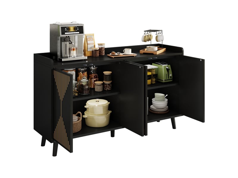  Buffet 140x40x84 cm avec 4 portes en mdf noir, étagères réglables et grand espace de rangement pour salle à manger et salon  - Conforama E