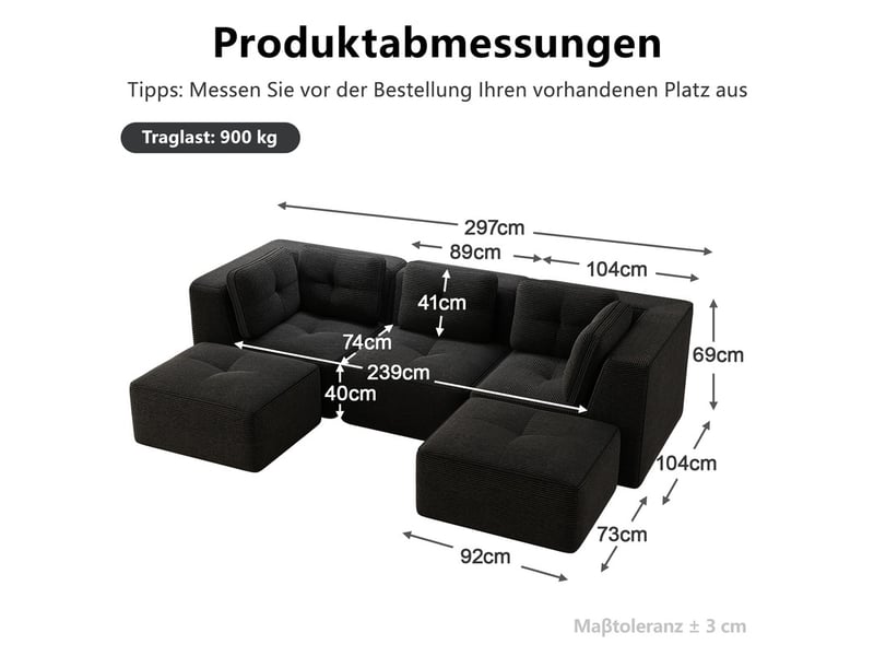  Canapé modulable 3 places en velours côtelé noir, sans montage  - Conforama C