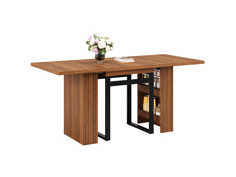  Table extensible pour 2 à 8 personnes avec rangement intégré et pieds métal, cuisine, salle à manger, marron foncé  - Conforama A