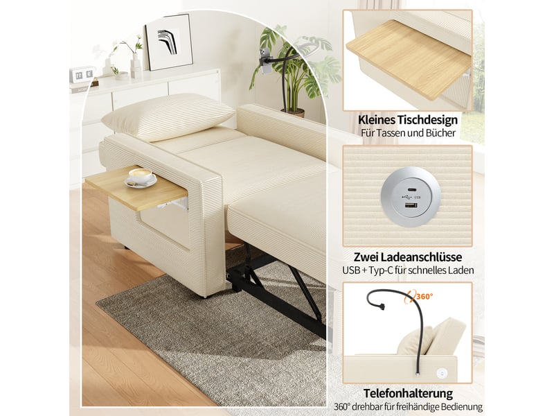  Canapé 1 place en velours côtelé beige avec dossier réglable 3 positions et port usb type-c  - Conforama D