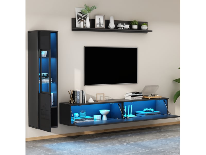 Ensemble mural tv 3 pièces led 180x33x30 cm noir brillant - Conforama W