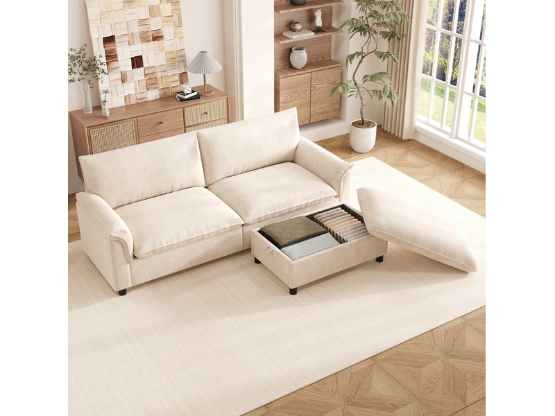  Canapé modulable 3 places 216x77x82 cm avec pouf de rangement beige  - Conforama B
