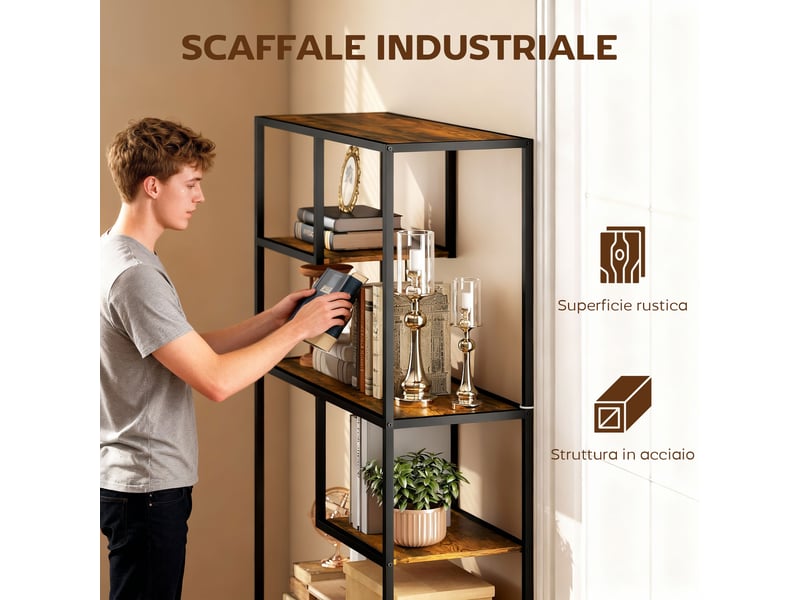 Bibliothèque industrielle à 7 niveaux en bois et acier, 83 x 34 x 180 cm, marron - Conforama D