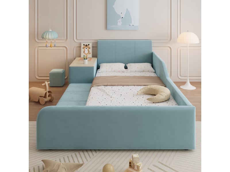  Lit enfant 90x200cm - avec bureau latéral, tabouret et étagères de rangement intégrés, tête de lit et rebords de sécurité – velours – bleu  - Conforama D