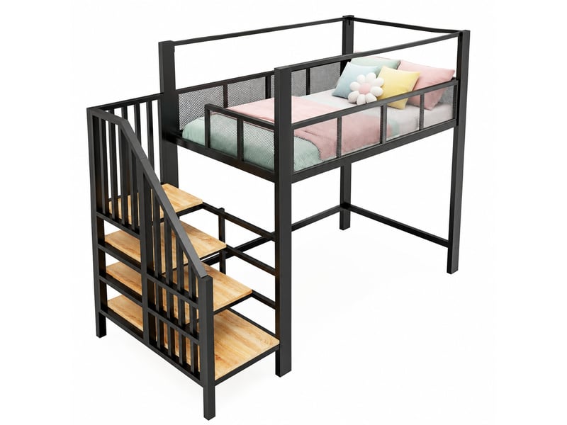 Lit mezzanine 90 × 200 cm 1 place avec escalier de rangement, baldaquin et barrière, sans matelas, noir - Conforama A