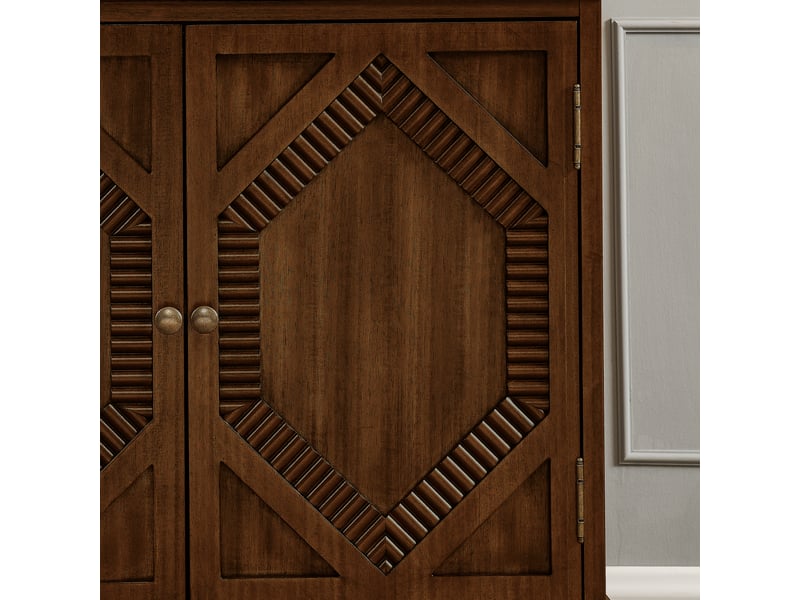  Buffet vitrine rétro 85,3x40 cm avec portes vitrées symétriques, rangement et détails géométriques, mdf et bois massif, effet noyer  - Conforama E