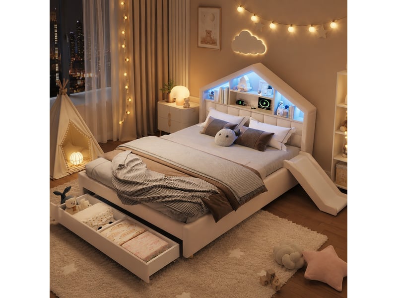  Lit rembourré pour enfants 140x200cm - avec led et port de chargement - avec toboggan - peut être installé à gauche ou à droite - velours - beige (sans matelas)  - Conforama E