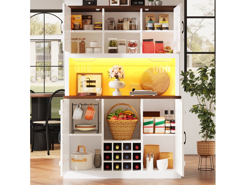 Haut buffet de cuisine 120x40x180 cm avec led rgb, casier à bouteilles, blanc  - Conforama E