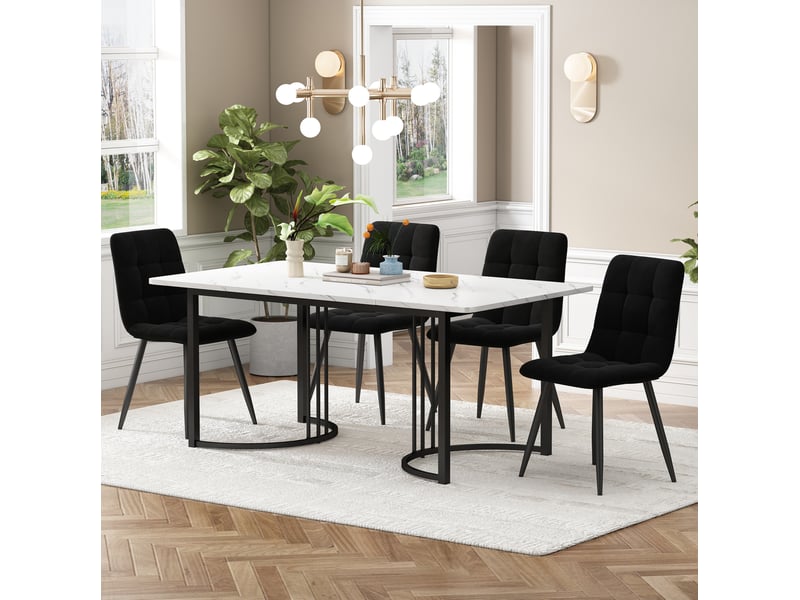  Ensemble repas 5 pièces, motif marbre, plateau mdf blanc, pieds métal réglables, meuble salon, 4 chaises velours, noir  - Conforama B