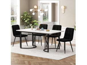 Ensemble repas 5 pièces, motif marbre, plateau mdf blanc, pieds métal réglables, meuble salon, 4 chaises velours, noir