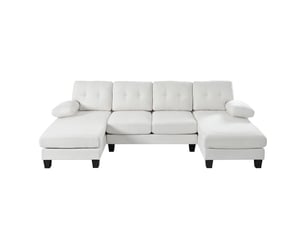 Canapé panoramique 4 places en forme de u, revêtement chenille beige, dossier capitonné et structure stable pour salon moderne